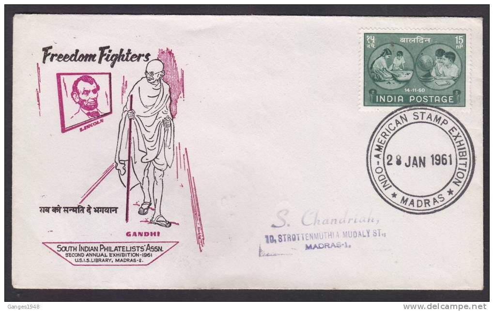 India 1961 MAHATMA GANDHI &amp; LINCOLN FREEDOM FIGHTERS COVer  # 20563 Indien Inde - Mahatma Gandhi