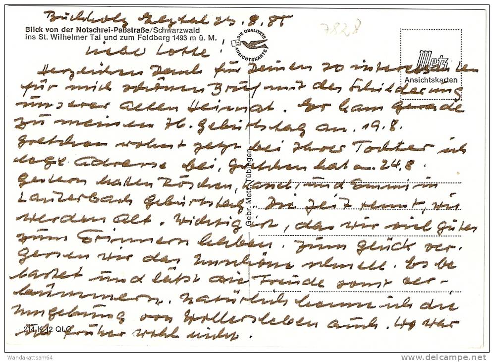 AK Blick Von Der Notschrei-Paßstraße/Schwarzwald Ins St. Wilhelmer Tal Und Zum Feldberg 1493 M ü. M. 23. 8. 85 - Feldberg