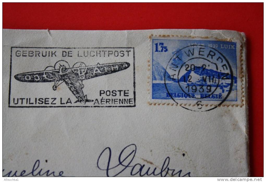 1939 LETTRE ANTWERPEN ANVERS AFFRANCHISSEMENT TIMBRE SEUL LIEGE LUIK  TO PAU FRANCE &gt; OMEC FLAMME SUPERBE AVION AERIE - Covers & Documents