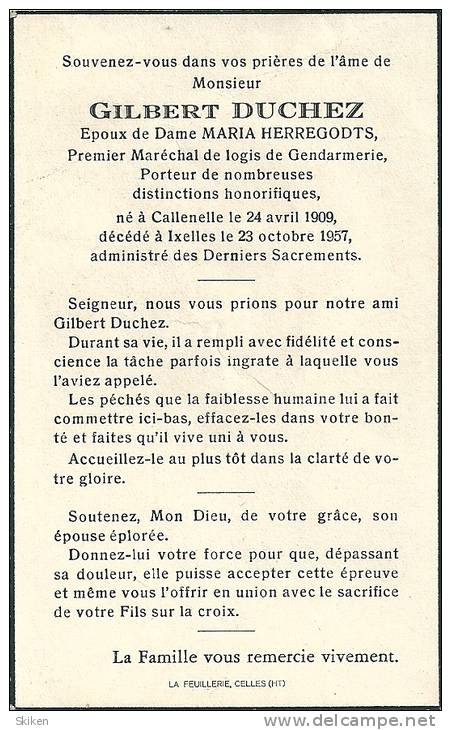CALLENELLE  IXELLES  GILBERT DUCHEZ  Premier Marechal De Logis De Gendarmerie  24.04.1909 - 23.10.1957 - Images Religieuses