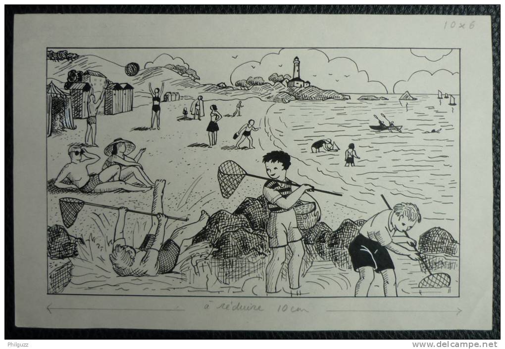 DESSIN ORIGINAL Encre De Chine DE NADINE AGNES Certainement Publié Années 50 LES VACANCES - LA MER - Disegni Originali