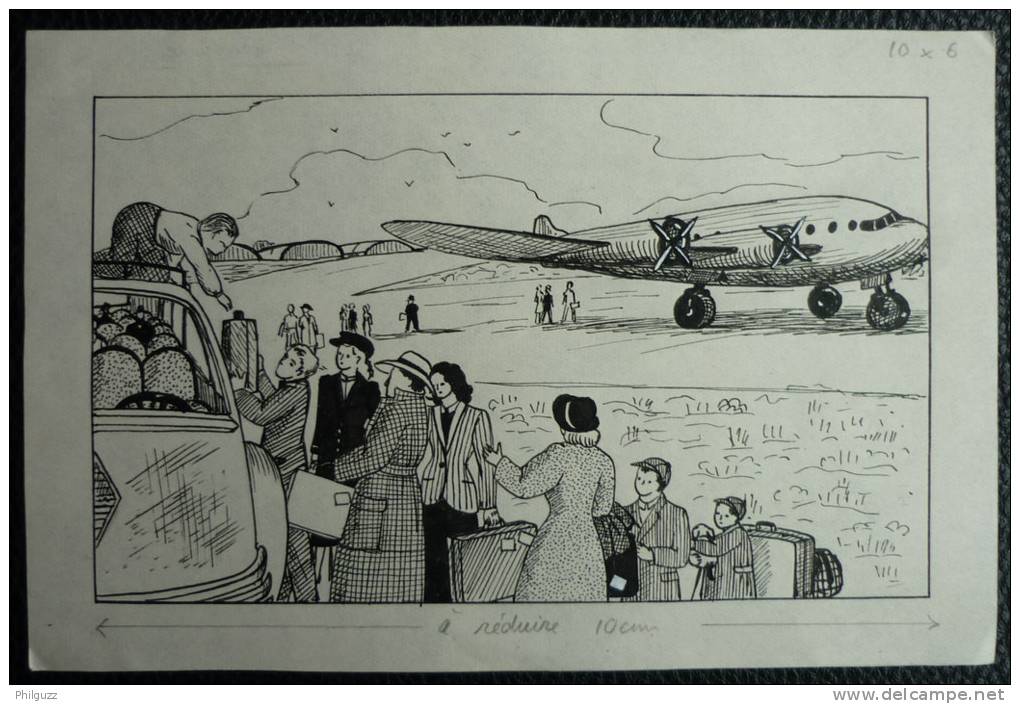 DESSIN ORIGINAL Encre De Chine DE NADINE AGNES Certainement Publié Années 50 L'AERODROME AVION - Original Drawings