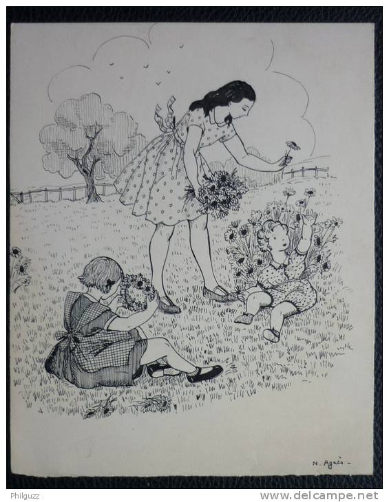 DESSIN ORIGINAL Encre De Chine DE NADINE AGNES Certainement Publié Années 50 ENFANTS, JEUNES FILLES CUEILLANT DES FLEURS - Original Drawings