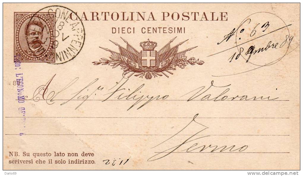 1889  CARTOLINA CON ANNULLO MONTEFALCONE APPENNINO   ASCOLI - Stamped Stationery