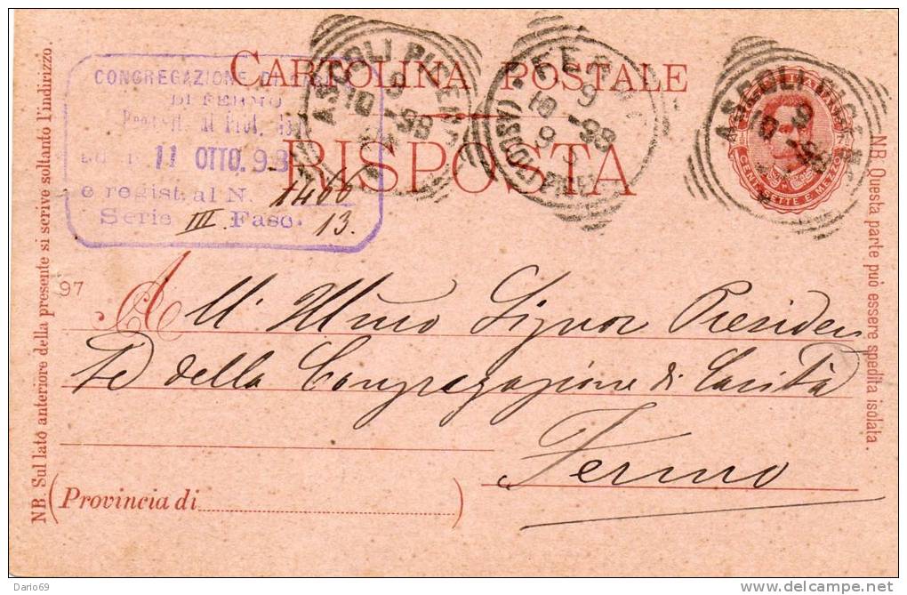 1898   CARTOLINA   CON ANNULLO ASCOLI PICENO - Stamped Stationery