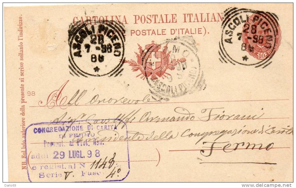 1898   CARTOLINA   CON ANNULLO ASCOLI PICENO - Interi Postali