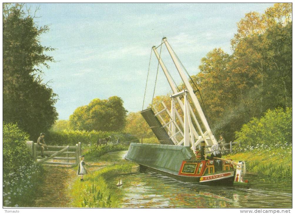 Canal Boat At Wooden Lift Bridge, Wrenbury, Llangollen Canal  - From A Painting By Alan Firth - Chiatte, Barconi