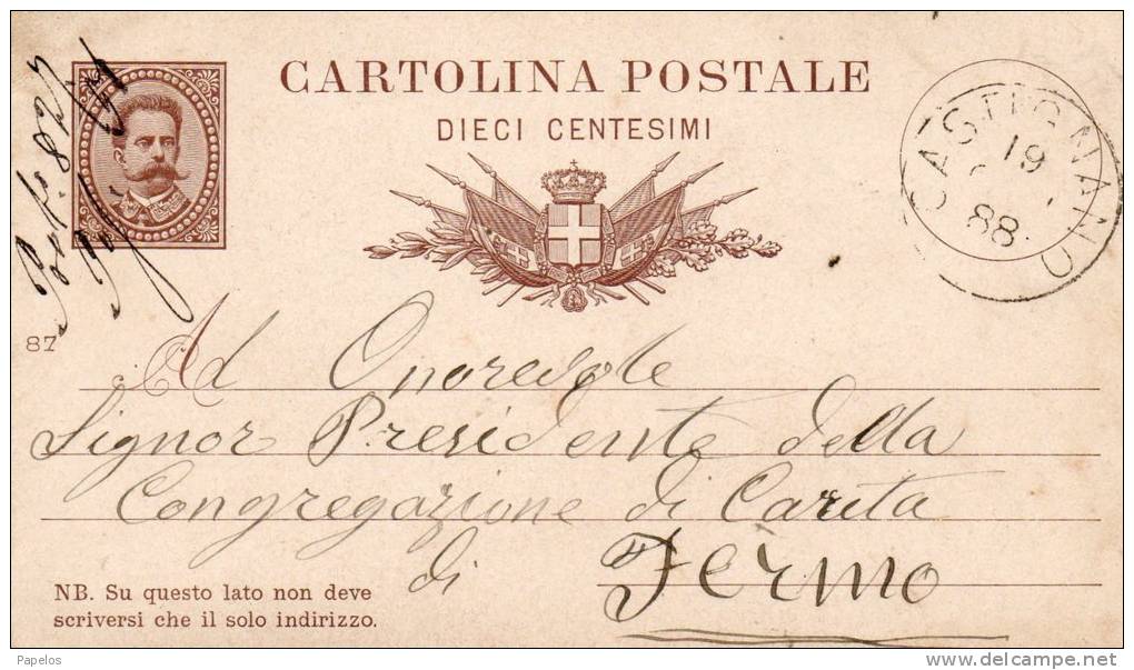 STORIA POSTALE 1888  CARTOLINA  CON ANNULLO CASTIGNANO ASCOLI PICENO - Stamped Stationery