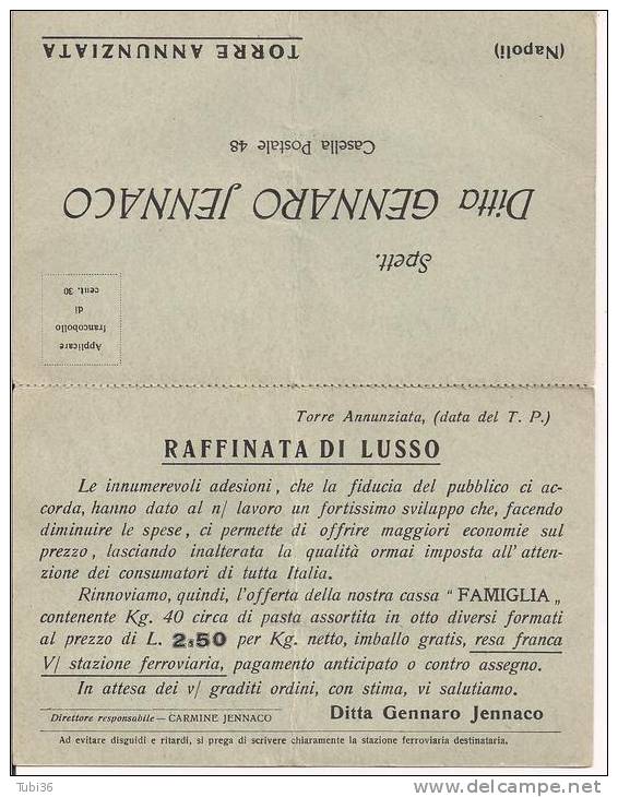 JENNACO - TORRE ANNUNZIATA - CARTOLINA COMMERCIALE  LISTINO PREZZI VIAGGIATA  1931 - PER MODENA - - Torre Annunziata