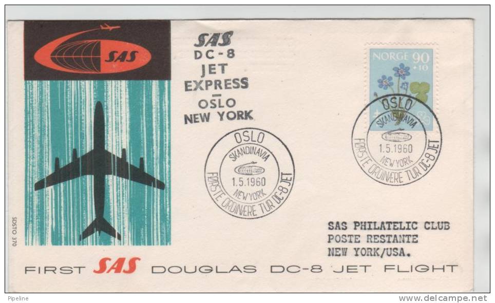 Norway First SAS Douglas DC-8 Jet Flight Oslo - New York 1-5-1960 Very Good Stamped - Cartas & Documentos