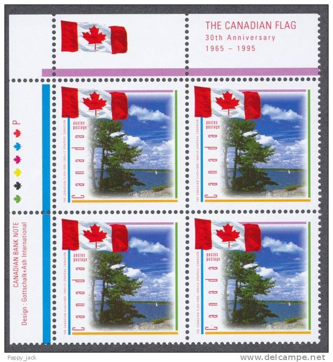 Canada 1995 # 1546 30th  Anniv. Canadian Flag, Trees, Lake Scene, Upper Left Inscription Block MH - Hojas Bloque