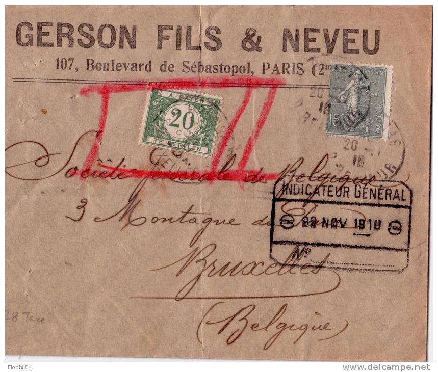 SEMEUSE-LETTRE POUR LA BELGIQUE TAXE 20-LETTRE DU 22-11-1919-ENVELOPPE ENTETE GERSON FILS PARIS - 1859-1959 Lettres & Documents