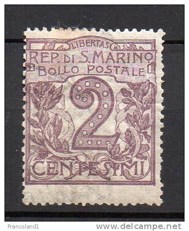 1903 S. Marino - Cifra 2 Cent N 34 Timbrato Used Sassone 16 € - Used Stamps