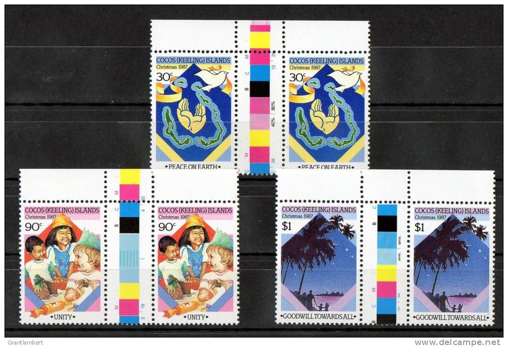 Cocos Islands 1987 Christmas Set Of 3 As Gutter Pairs MNH  SG 172-4 - Kokosinseln (Keeling Islands)