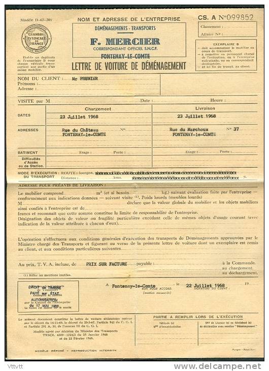 Lettre De Voiture De Déménagement (1968), Transports Mercier, Fontenay-le-Comte, Rue Du Château, Rue Du Marchoux... - Transportmiddelen