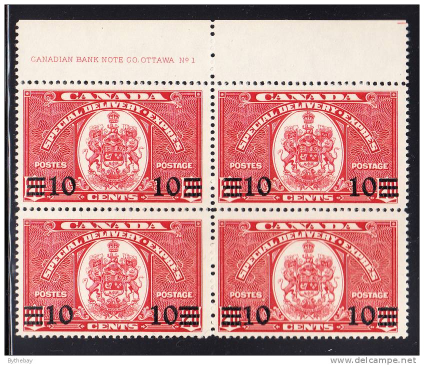 Canada Scott #E9 MNH Block Of 4 With Inscription Left Plate 1 Pencil Mark On Back Of One Stamp - Plattennummern & Inschriften