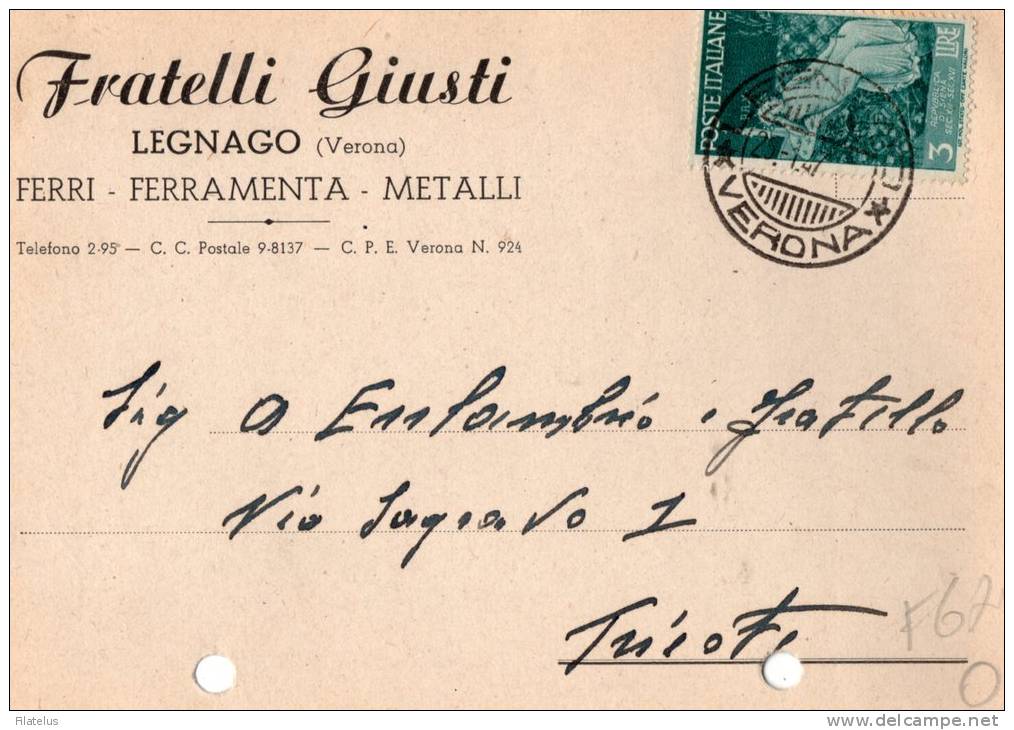 CARTOLINA POSTALE PUBBLICITARIAFRATELLI GIUSTI-LEGNAGO-VERONA-FERRI-FERRAMENTA-METALLI-25-1-1947-LIRE 3-REP. DI SIENA - 1946-60: Nuovi