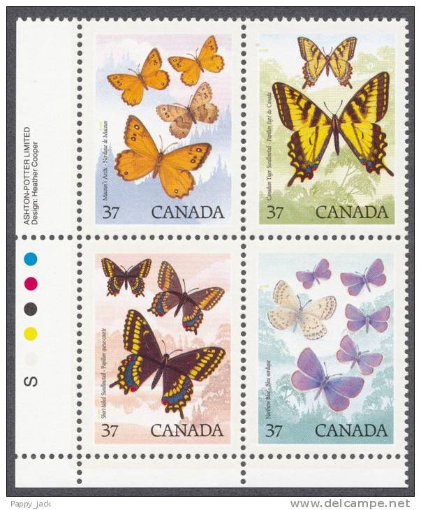 Canada 1988 Butterflies Insects  # 1213a  Lower Left Inscription Block  1210 To 1213 MNH - Blocs-feuillets