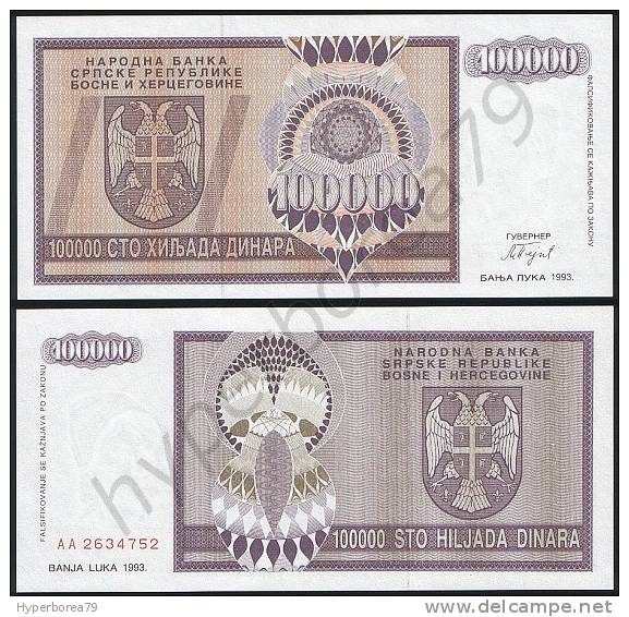 Bosnia Herzegovina ( Srpska Rep ) P 141 A - 100000 100.000 Dinara 1993 - UNC - Bosnië En Herzegovina