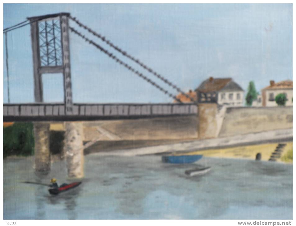 - PONT SUR LA GARONNE A MARMANDE ? . HUILE SUR TOILE NAÏVE . NON SIGNEE . - Olii