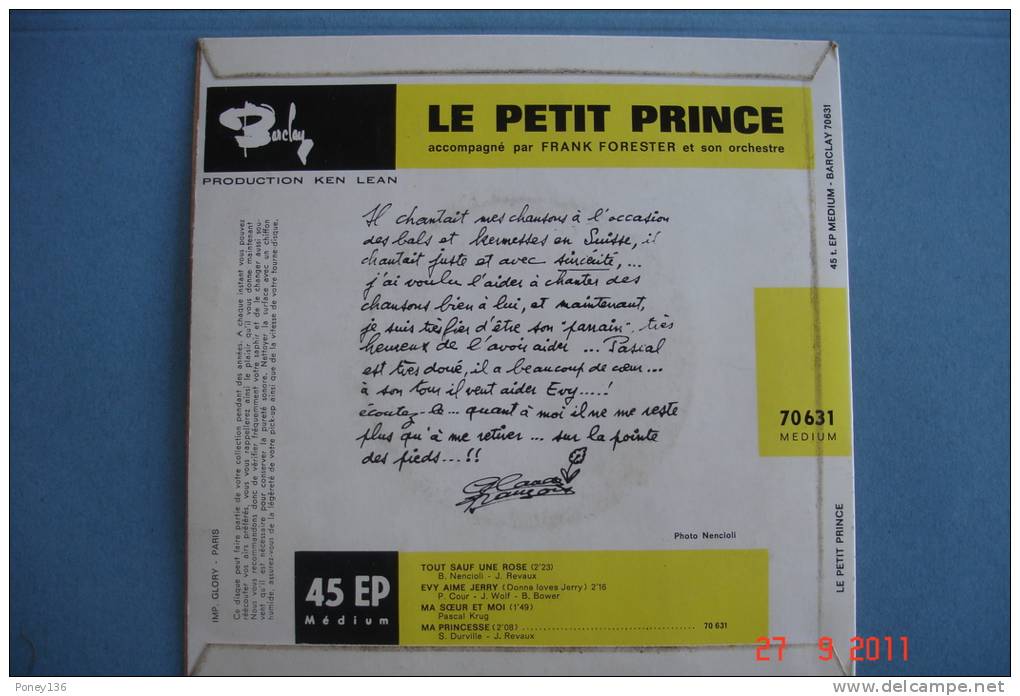 Le Petit Prince,"Tout Sauf Une Rose "Super 45 T Barclay,lancé Par Claude François - Enfants
