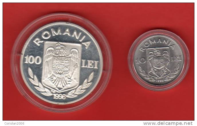 Romania 1996 - Jubilee - Limited Edition / UNC / Set X 2 Coins / 10 Lei + 100 Lei / European Football Championship - Rumänien