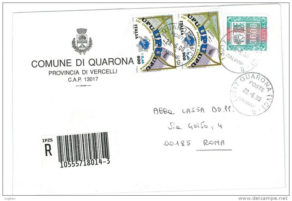 QUARONA CAP 13017  PROV. VERCELLI - ANNO 2000 - VC - R  - MISTA -  PIEMONTE -TEMATICA COMUNI D´ITALIA - STORIA POSTALE) - Macchine Per Obliterare (EMA)