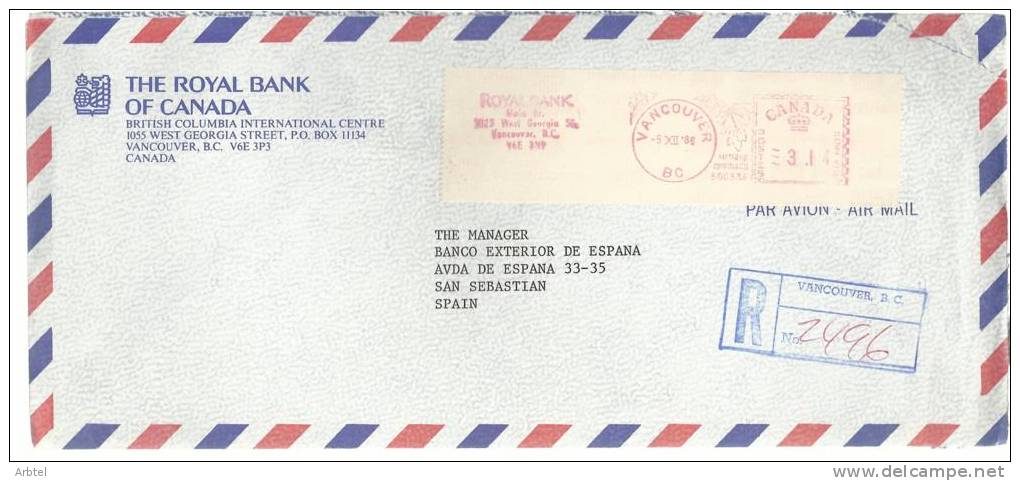 CANADA CC CERTIFICADA 1986 CON FRANQUEO MECANICO ROYAL BANK DE VANCOUVER A SAN SEBASTIAN - Raccomandate