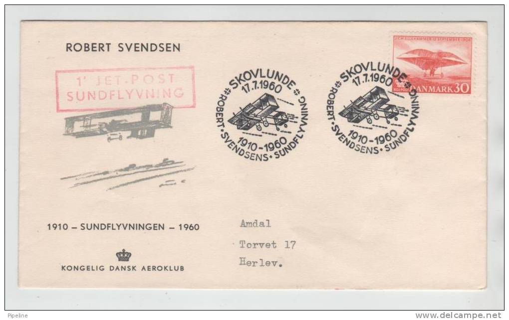 Denmark Memorial Flight Cover Robert Svendsens Sundflyvning 1910 Special Cancel Skovlunde 17-7-1960 With Cachet - Covers & Documents