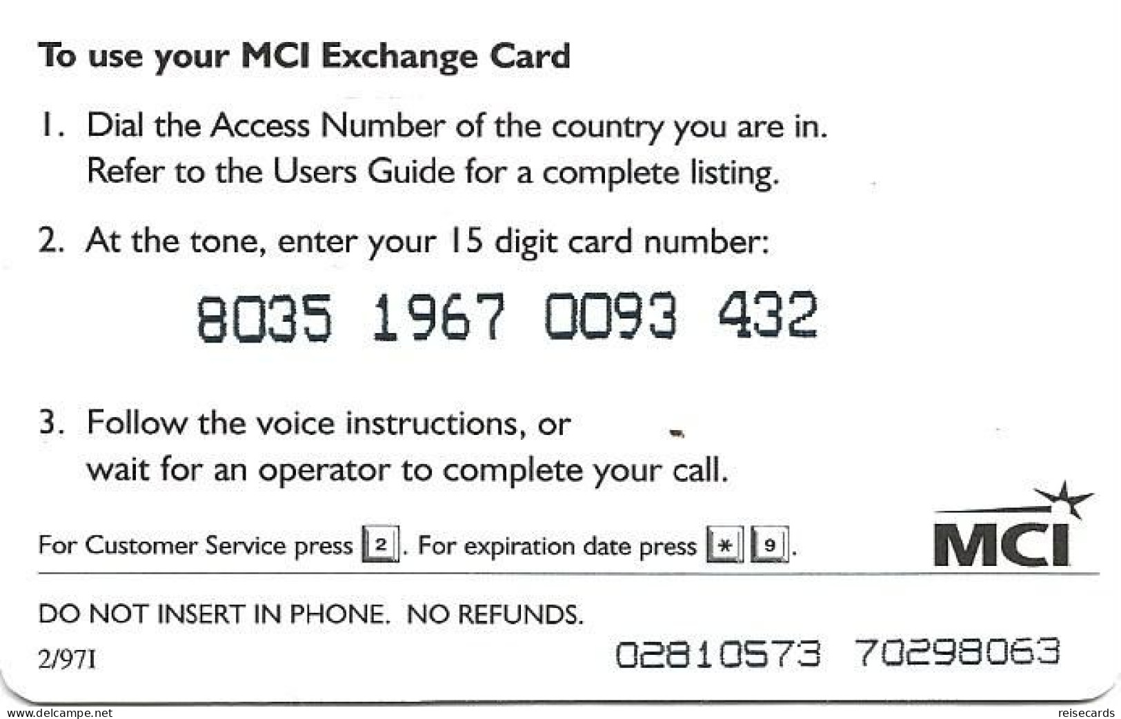 USA: Prepaid MCI Exchange Card - Autres & Non Classés