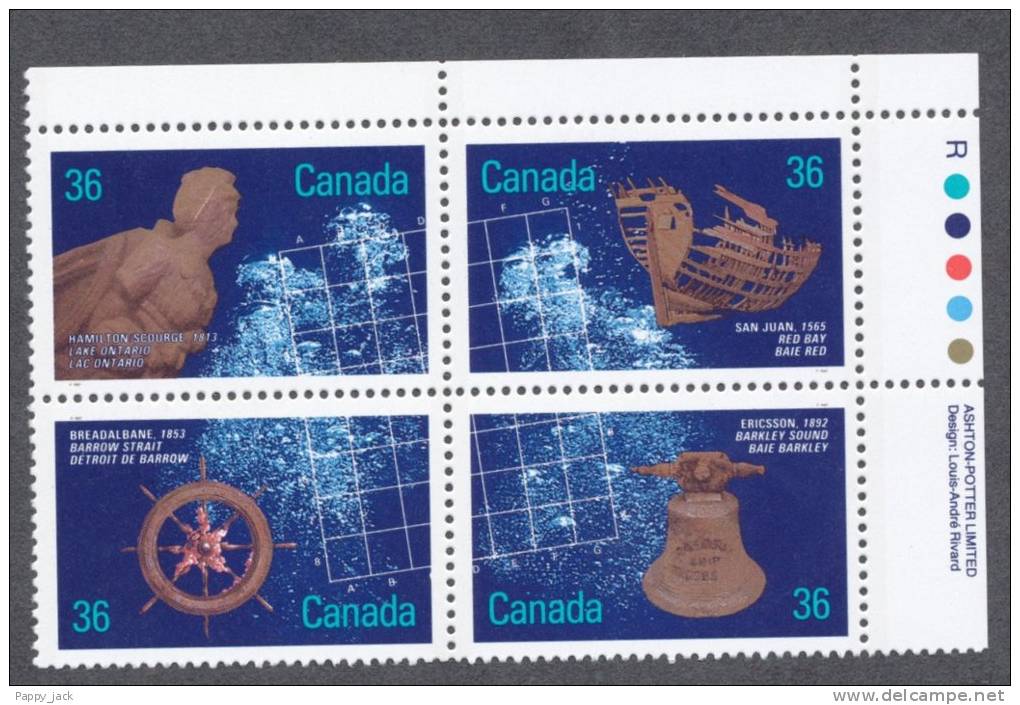 Canada 1987 ShipWrecks #1144a Upper Right Inscription Block MNH Of # 1141 To 1144 - Blocs-feuillets