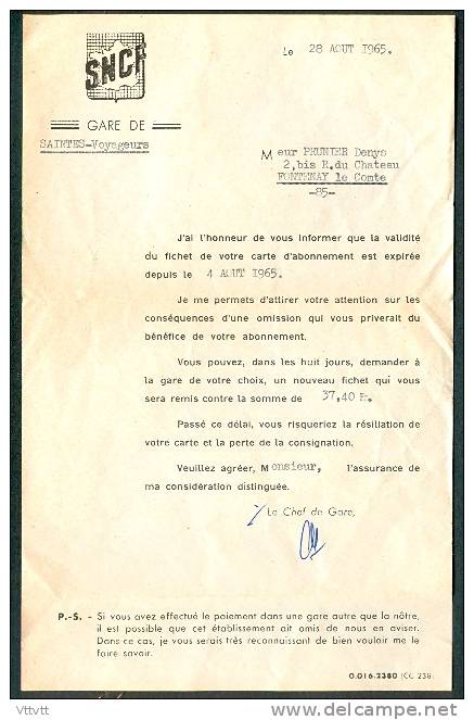 SNCF (1965) : Lettre D'information, Fichet De La Carte D'abonnement A Renouveler à La Gare Avec Prix 37,40 Francs, Train - Transportmiddelen