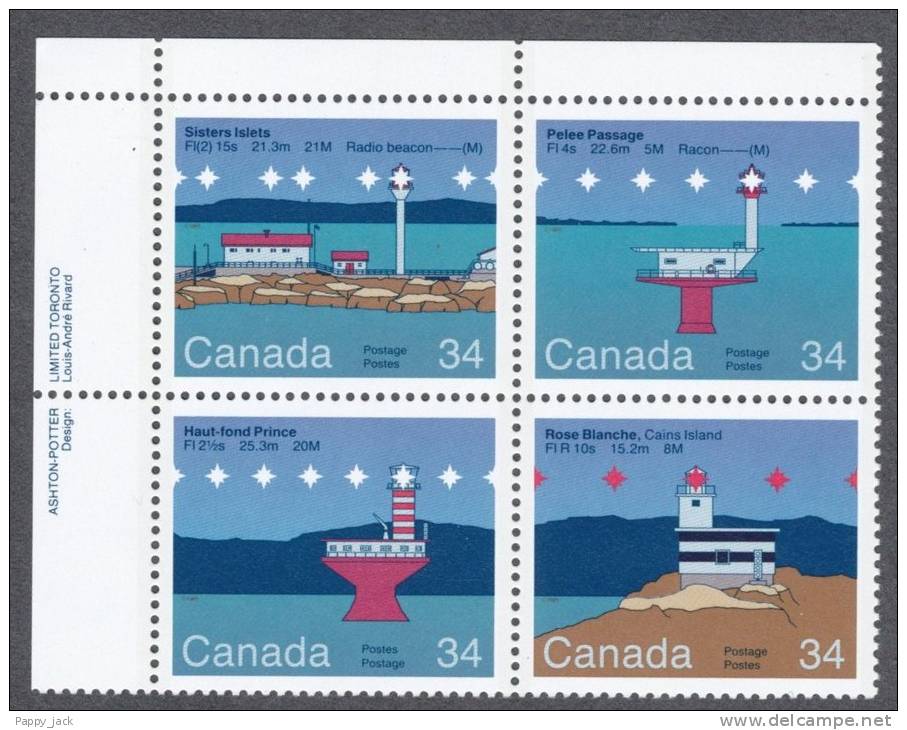 Canada 1985 Lighthouses #1066b Se Tenant Upper Left Inscription Block MNH - Blocs-feuillets