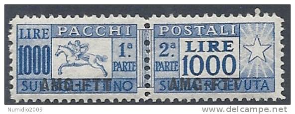 1954 TRIESTE A PACCHI POSTALI 1000 LIRE CAVALLINO MNH ** - RR9208 - Colis Postaux/concession