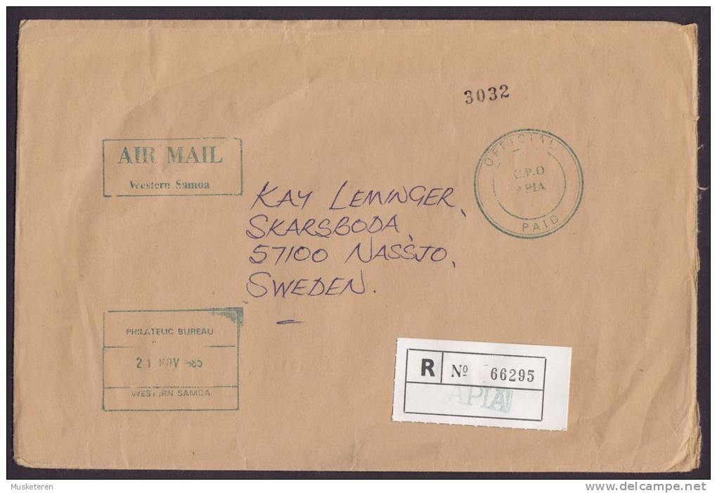 Western Samoa Airmail Registered Recommandée Einschreiben Label APIA 1985 Cover To Sweden Purple OFFICIAL PAID C.P.O. - Samoa