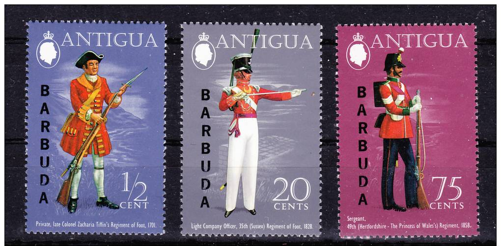 BARBUDA  1973/4   , Military Uniforms I    , Y&T  #  108/10 + 142/46    ,  Cv  4.30 E ,  ** M N H . , V V F - Antigua E Barbuda (1981-...)