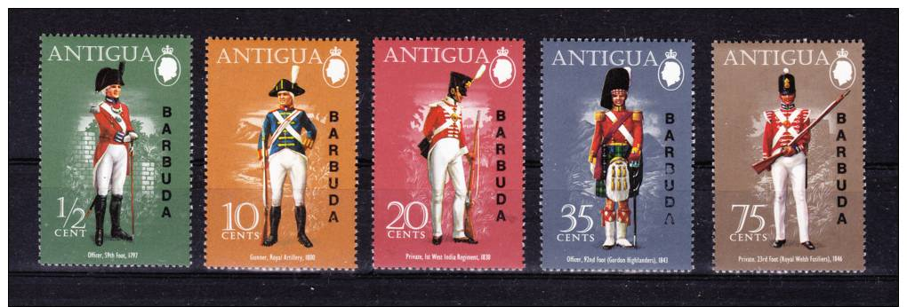 BARBUDA  1973/4   , Military Uniforms I    , Y&T  #  108/10 + 142/46    ,  Cv  4.30 E ,  ** M N H . , V V F - Antigua And Barbuda (1981-...)