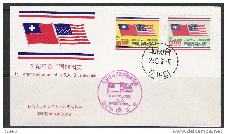 SA210.-. CHINA- TAIPEI.-.1976.-.SC#:1995,96. FLAGS OF CHINA AND USA-AMERICAN BICENTENNIAL - Covers & Documents