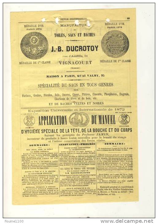 Pub 1876 Recto Verso Bâches DUCROTOY à Vignacourt Produits De Beauté Prof JAMIN VENDROUX Négociant Armateur CALAIS - Publicités