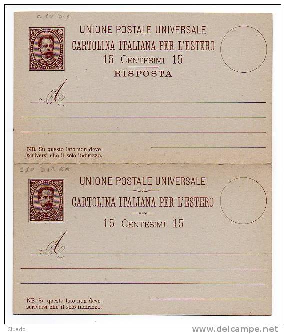 Intero Postale Umberto I  C.15 UPU Per L'estero - Filag. "C10" - DOMANDA + RISPOSTA UNITA - NUOVA - Interi Postali