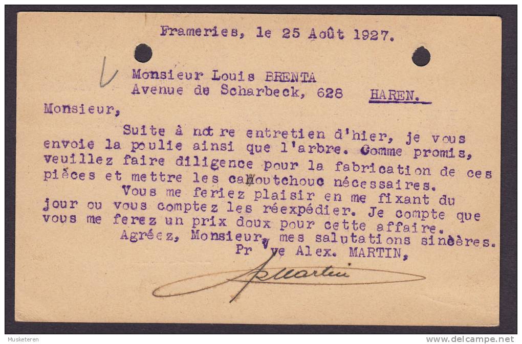 Belgium Bois Du Nord, D'Amerique & Du Pays Scieries Mécaniques Veuve LEXANDRE MARTIN Frameries 1927 Card HAREN (2 Scans) - Briefe U. Dokumente