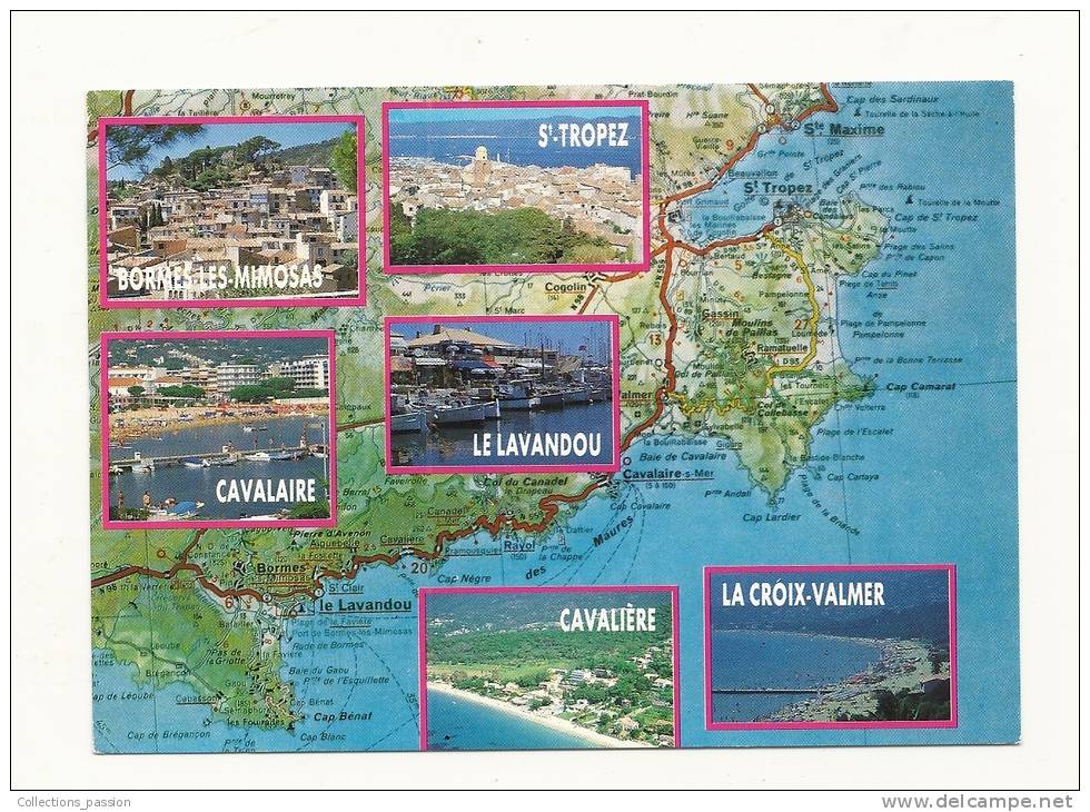 Cp, Carte Géographique, Souvenir De La Côte D´Azur, Multi-Vues, Voyagée 1995 - Carte Geografiche