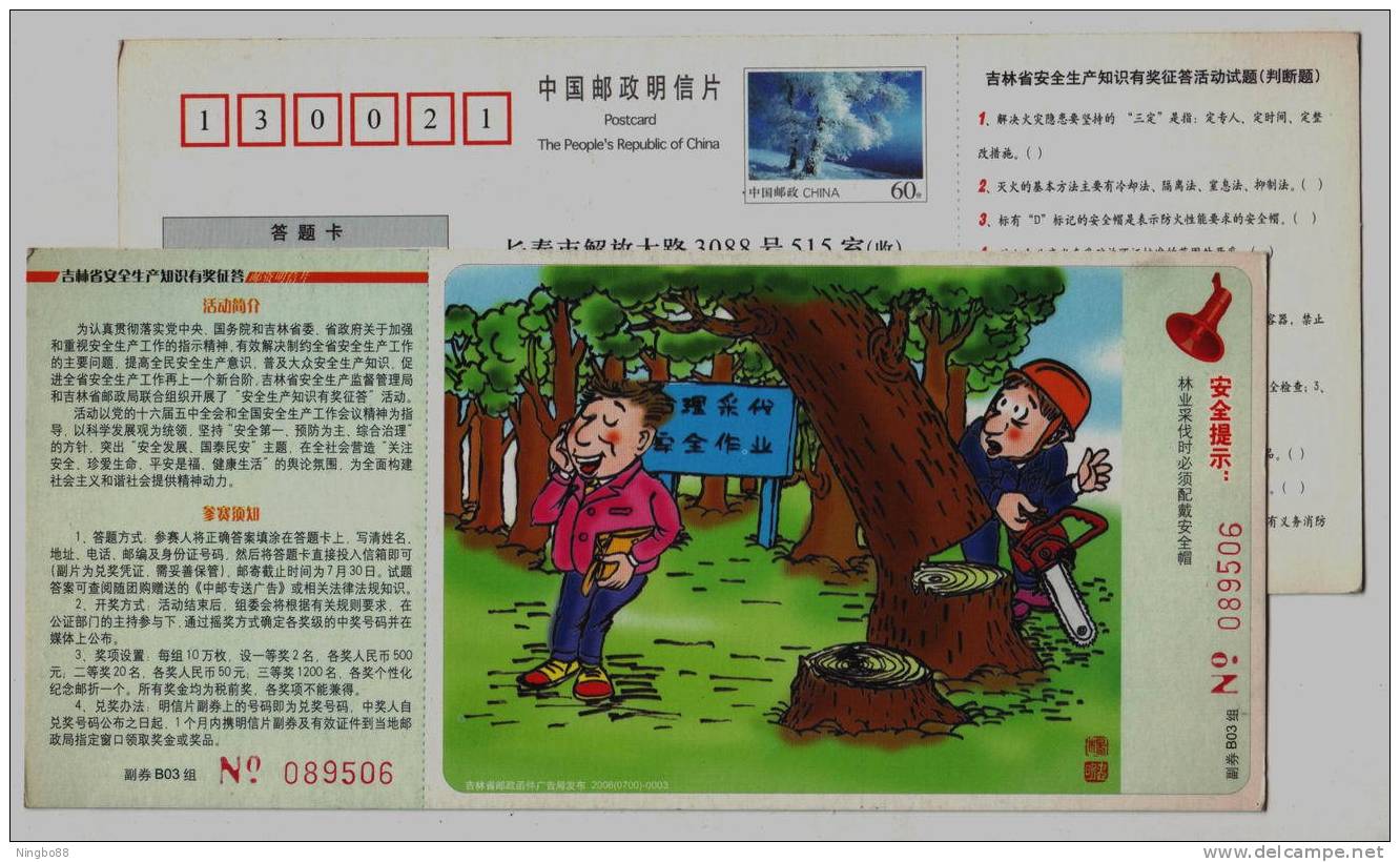 Forest Tree Logging Operation,CN 06 Jilin Knowledge Competition Of Safe Production Advertising Pre-stamped Card - Unfälle Und Verkehrssicherheit