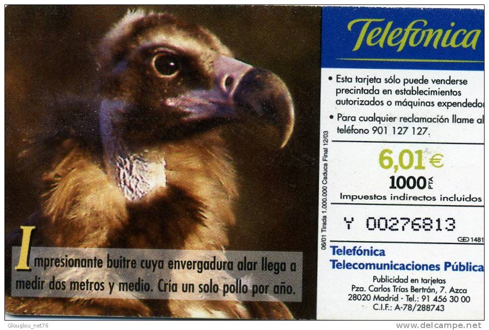 TELECARTE UTILISEE ....FAUNE IBERIQUE.....BUITRE NEGRO.....VOIR PHOTO SCANNEE - Colecciones