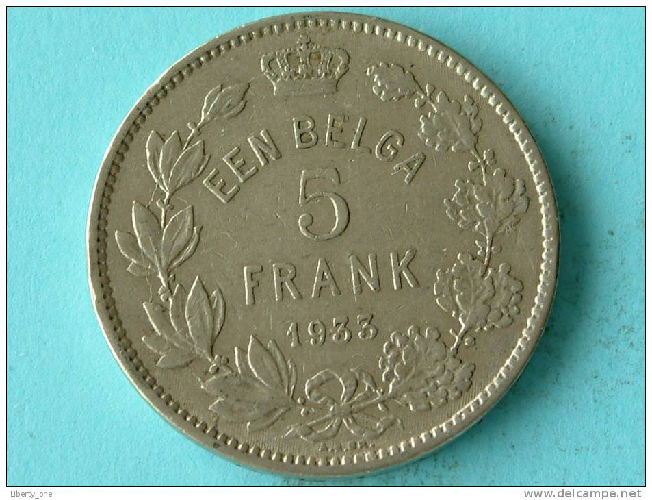 1933 VL - 5 FRANK EEN BELGA / Morin 389a ( Uncleaned Coin / For Grade, Please See Photo ) !! - 5 Francs & 1 Belga