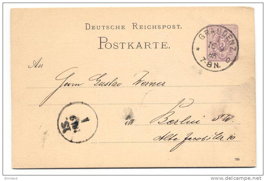 GS Deutsche Reichspost 1885 Von Graudenz Nach Berlin - Sonstige & Ohne Zuordnung