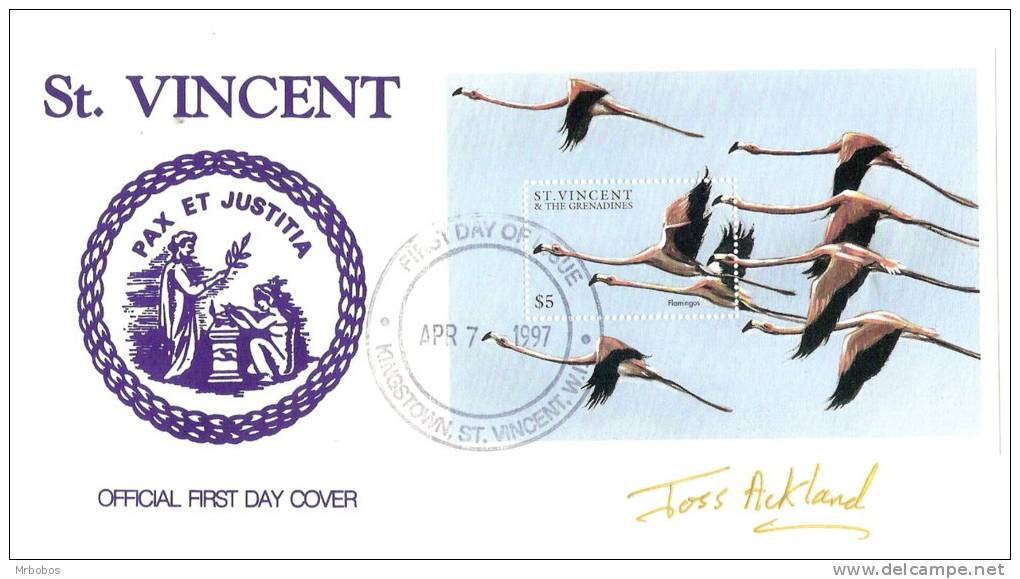 1997 ST VINCENT BIRDS OF THE WORLD M/S FDC FIRST DAY COVER - PRISTINE AND SIGNED BY ACTOR JOSS ACKLAND - Autres & Non Classés