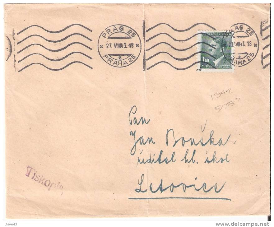 1943 Cover 1.60c Bohemia & Moravia/Czech Hitler Head Stamp Prague Cancel - Occupation 1938-45