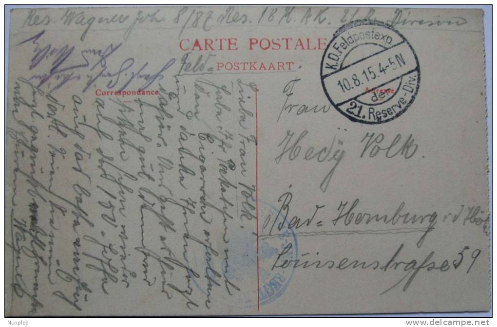 1915 GERMANY FELDPOST POSTCARD TO BAD HOMBURG 21st RESERVE DIVISION - Covers & Documents