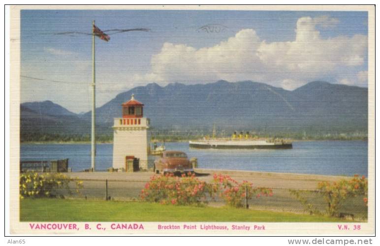 Vancouver BC Canada, Brockton Point Lighthouse, Ferry Stanley Park, C1940s/50s Vintage Linen Postcard - Vancouver